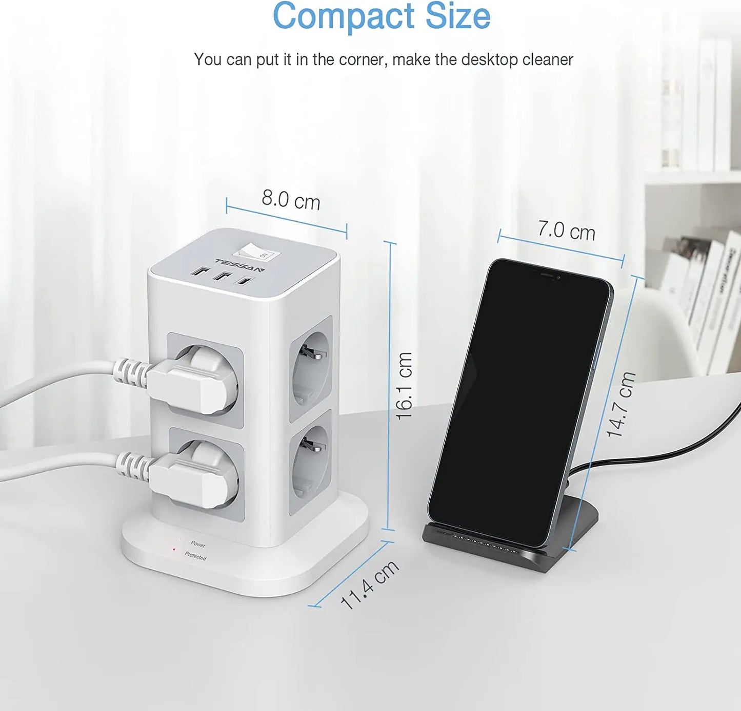 Tower Power Strip Multi Outlets with 2 USB +1 Type C 2M Extension Cable EU Plug Vertical Electric Socket Surge Protection