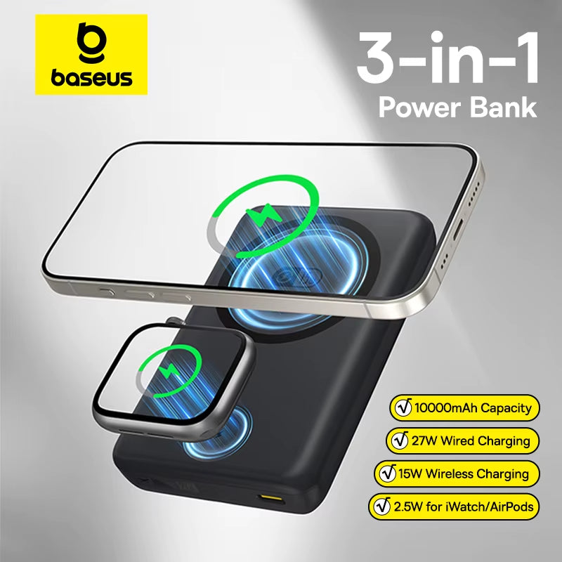 27W Magnetic Power Bank 10000Mah 15W Wireless Charging External Battery for Iphone Iwatch Airpods Samsung Xiaomi Poco