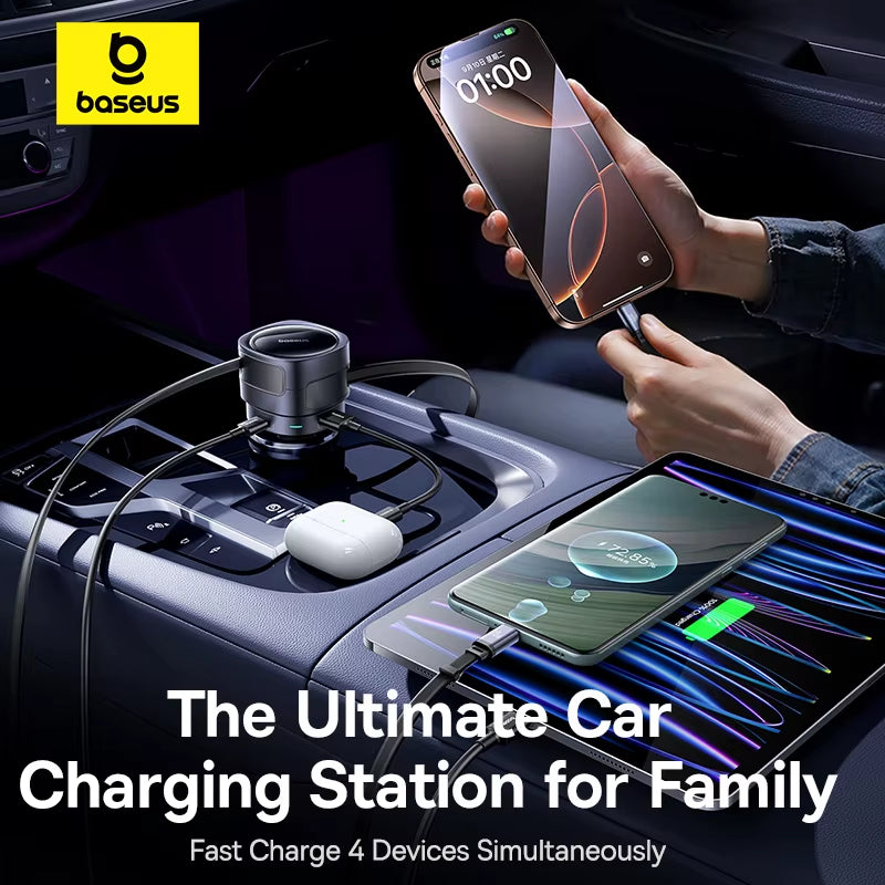 90W USB Type-C Car Charger Dual Retractable Cable PD QC SCP AFC PPS Fast Charging for Tablet Iphone Samsung Huawei Xiaomi