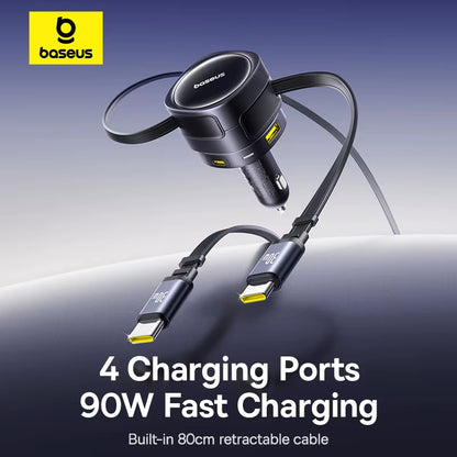 90W USB Type-C Car Charger Dual Retractable Cable PD QC SCP AFC PPS Fast Charging for Tablet Iphone Samsung Huawei Xiaomi