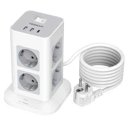 Tower Power Strip Multi Outlets with 2 USB +1 Type C 2M Extension Cable EU Plug Vertical Electric Socket Surge Protection