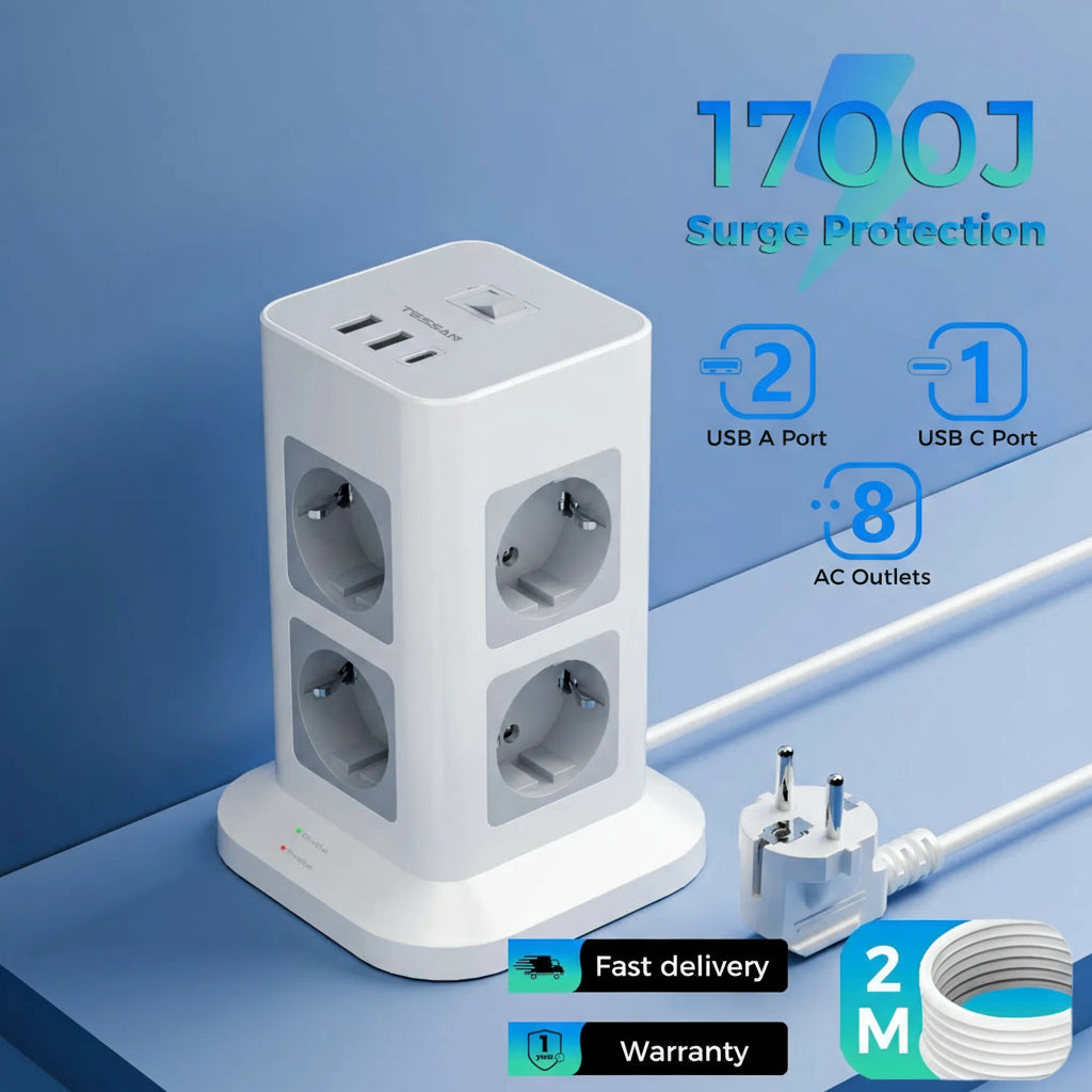 Tower Power Strip Multi Outlets with 2 USB +1 Type C 2M Extension Cable EU Plug Vertical Electric Socket Surge Protection