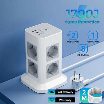 Tower Power Strip Multi Outlets with 2 USB +1 Type C 2M Extension Cable EU Plug Vertical Electric Socket Surge Protection