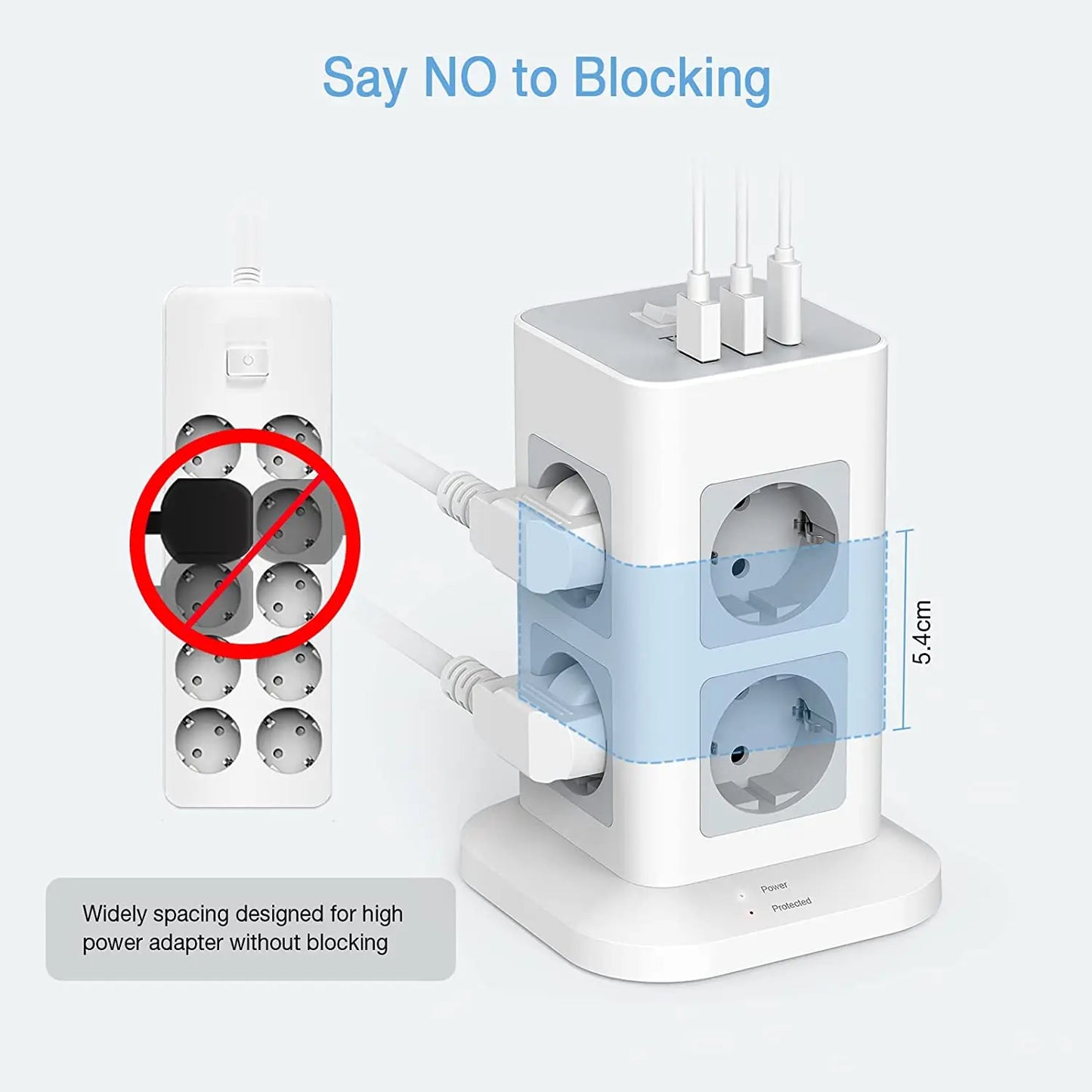 Tower Power Strip Multi Outlets with 2 USB +1 Type C 2M Extension Cable EU Plug Vertical Electric Socket Surge Protection