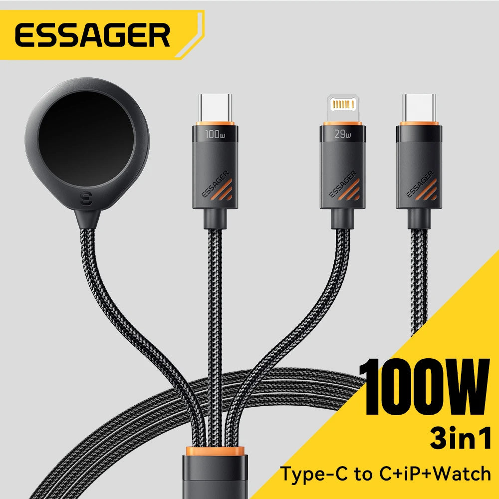 3 in 1 100W Fast Charging Cable – USB-C to Lightning & Type-C Charger for iPhone 16/15/14/13 & Apple Watch