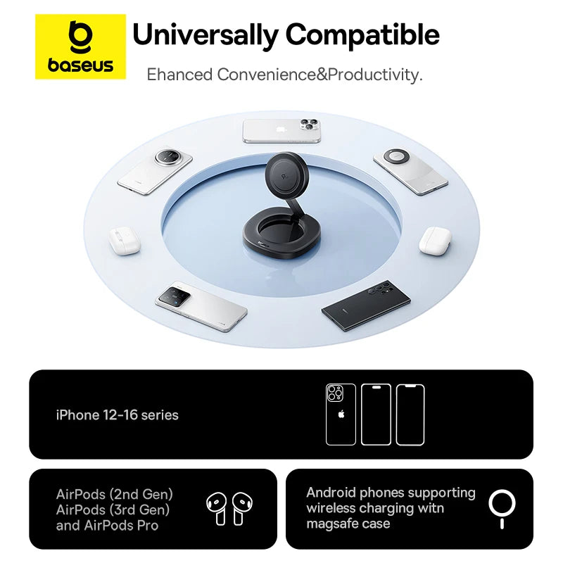 Baseus Qi2 15W Foldable Wireless Charger Stand Magnetic Adjustable Viewing Angle for Iphone 16 15 14 13 Airpods 2Nd 3Rd Gen Pro