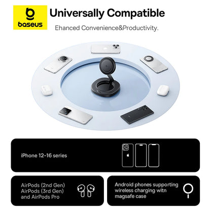 Baseus Qi2 15W Foldable Wireless Charger Stand Magnetic Adjustable Viewing Angle for Iphone 16 15 14 13 Airpods 2Nd 3Rd Gen Pro