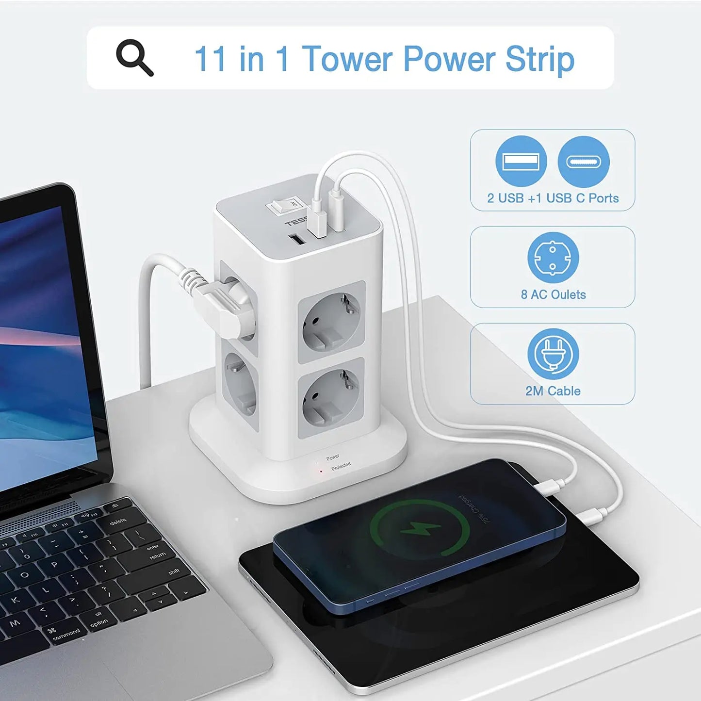 Tower Power Strip Multi Outlets with 2 USB +1 Type C 2M Extension Cable EU Plug Vertical Electric Socket Surge Protection