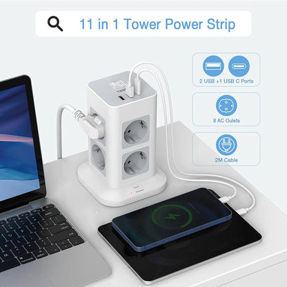Tower Power Strip Multi Outlets with 2 USB +1 Type C 2M Extension Cable EU Plug Vertical Electric Socket Surge Protection