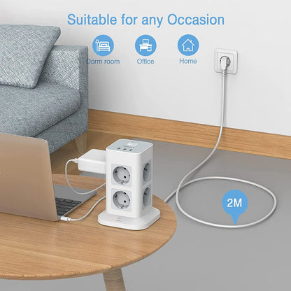 Tower Power Strip Multi Outlets with 2 USB +1 Type C 2M Extension Cable EU Plug Vertical Electric Socket Surge Protection