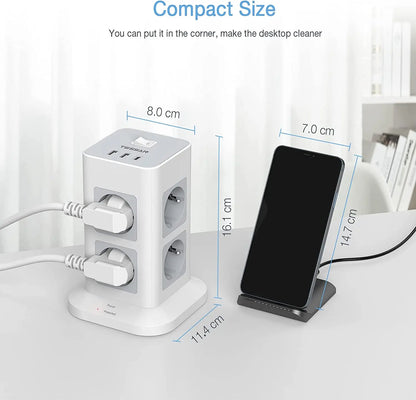 Tower Power Strip Multi Outlets with 2 USB +1 Type C 2M Extension Cable EU Plug Vertical Electric Socket Surge Protection