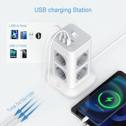 Tower Power Strip Multi Outlets with 2 USB +1 Type C 2M Extension Cable EU Plug Vertical Electric Socket Surge Protection